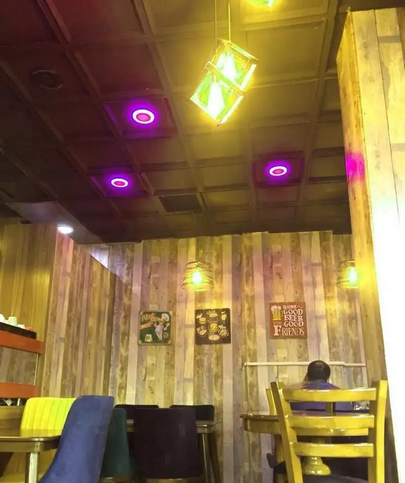 دکوراسیون داخلی مدرن کافه رستوران ملورین با سقف مشکی، نورپردازی خاص بنفش و آویزهای جذاب، دیوارپوش چوبی و مبلمان رنگی محیطی دلنشین ایجاد کرده است.