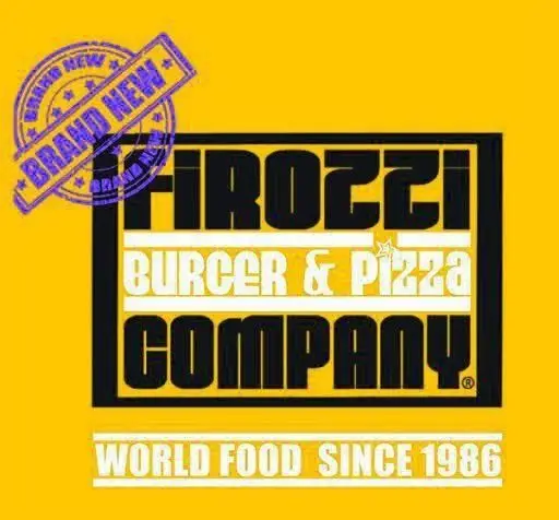 لوگوی شرکت فیروزی برگر و پیتزا، با مهر "برند جدید" و شعار "غذای جهانی از سال 1986" روی پس‌زمینه زرد روشن.