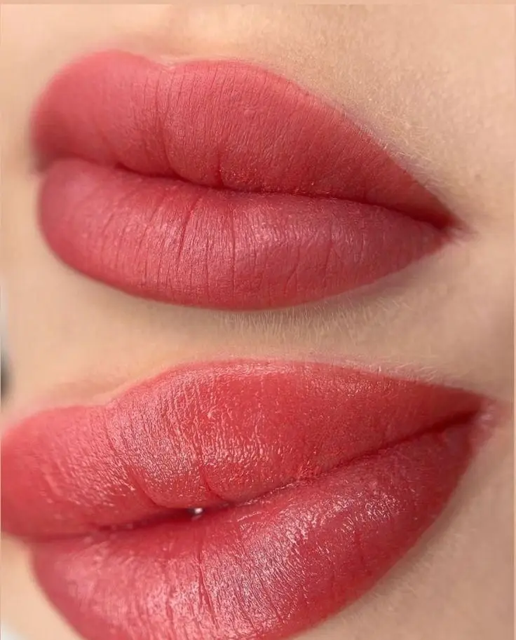 تاتو رژ لب دائم و شیدینگ لب با رنگ کالباسی و صورتی خوشرنگ برای قرینهسازی و پرتر نشان دادن لبها با ماندگاری بالا
