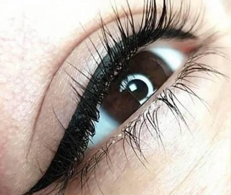 تصویر نزدیک از تاتو خط چشم دائم و بن مژه مینیاتوری بسیار ظریف و مشکی به همراه اکستنشن مژه کلاسیک و بلند در سالن زیبایی