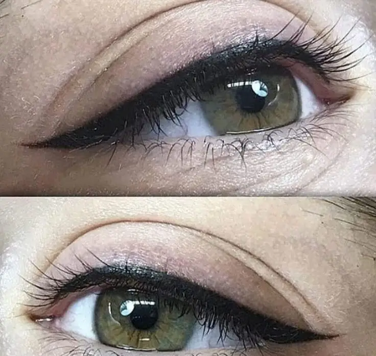 نمونه کار تاتو خط چشم دائم و بن مژه ظریف و مشکی برای چشمهای رنگی، مدل میکروپیگمنتیشن خط چشم مینیاتوری و شیک دخترانه
