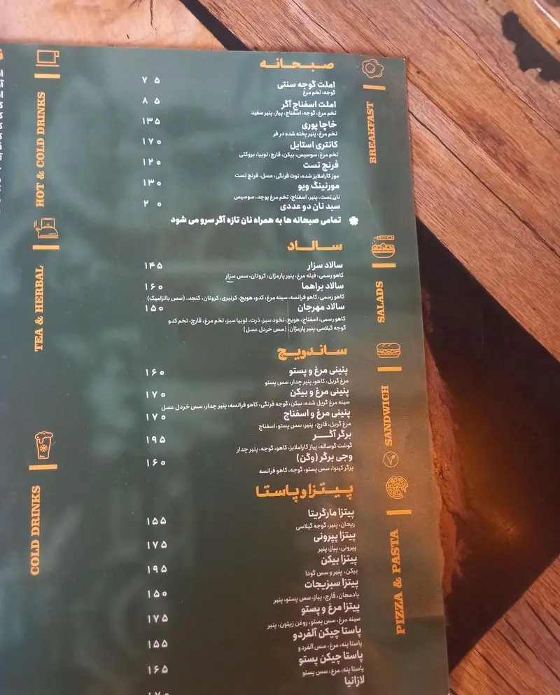 منوی کافه آگر، شامل انواع صبحانه، سالادهای تازه، ساندویچ‌های خوشمزه، پیتزا و پاستا، به همراه قیمت‌ها.