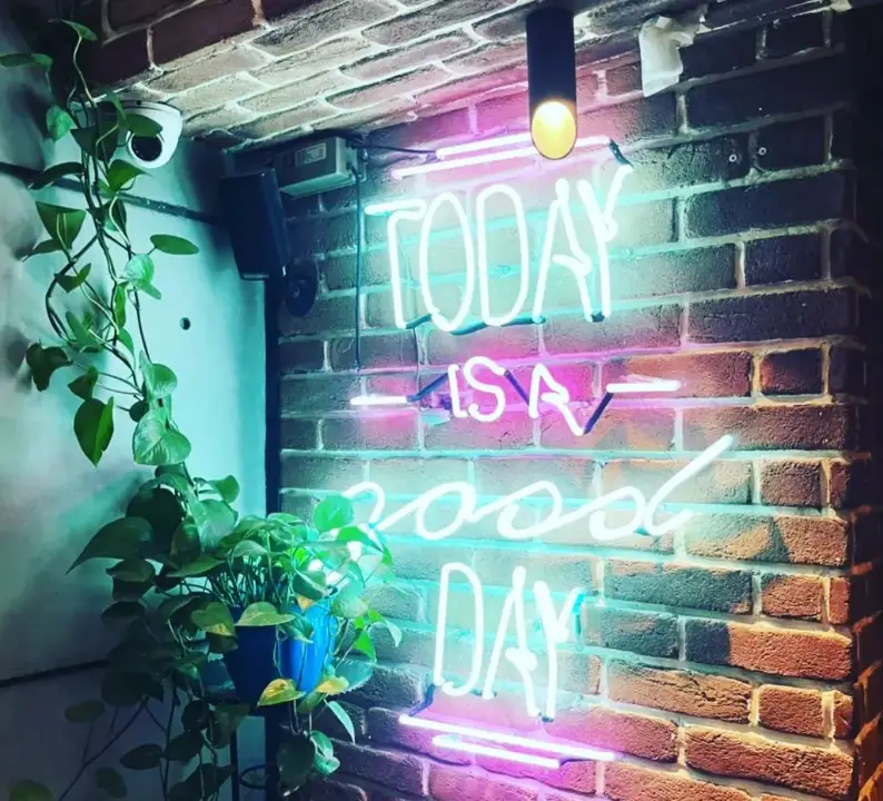فضای دلنشین کافه تز: تابلو نئون رنگی "TODAY IS A GOOD DAY" بر دیوار آجری، در کنار گیاهان سبز آویز و دکوراسیون مدرن و شیک.