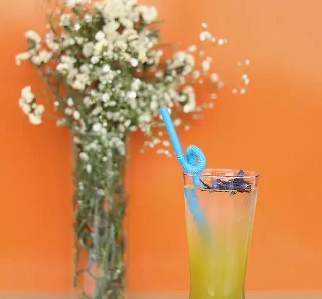 نوشیدنی خنک و گوارای کافه رستوران رولینجا با نی فانتزی آبی و گل‌های خشک شده، در کنار گلدانی از گل‌های سفید در پس‌زمینه نارنجی.