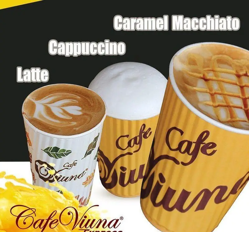 انواع قهوه های خوشمزه کافه ویونا شامل لته، کاپوچینو و کارامل ماکیاتو در لیوان های برند Cafe Viuna Express، تجربه ای دلپذیر.