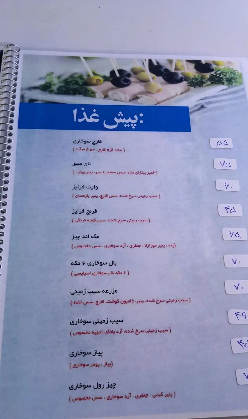 منوی پیش غذای فست فود لیرو شامل انواع قارچ سوخاری، سیب زمینی، بال مرغ سوخاری، مک اند چیز، پیاز سوخاری، نان سیر و چیز رول خوشمزه است.
