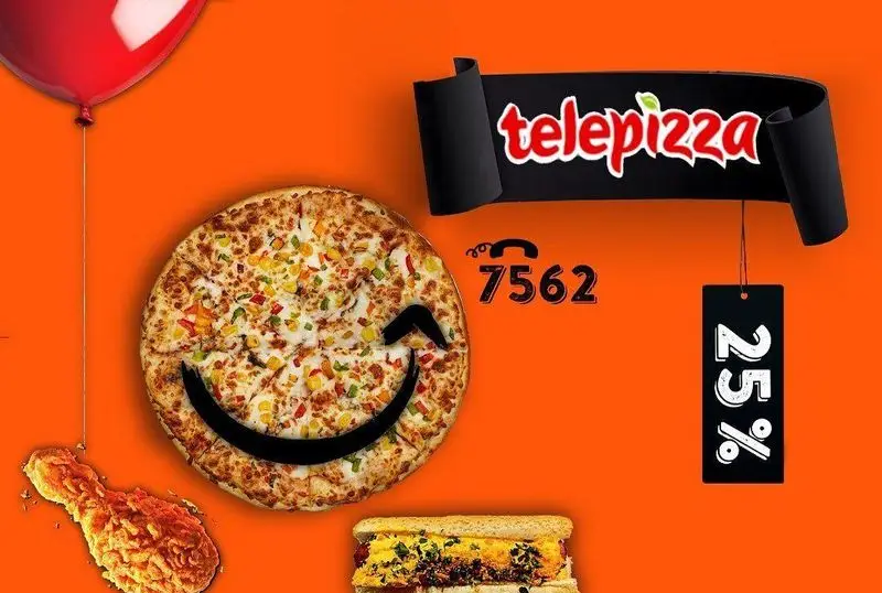 تبلیغ تله پیتزا با پیتزای لبخند، مرغ سوخاری و ساندویچ. 25% تخفیف ویژه! برای سفارش با 7562 تماس بگیرید. منوی کامل تله پیتزا.