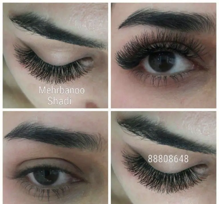 نمونه کار اکستنشن مژه والیوم و پرپشت مشکی با حالت کاملا طبیعی و تار به تار روی چشم‌های مختلف در سالن زیبایی مهربانو
