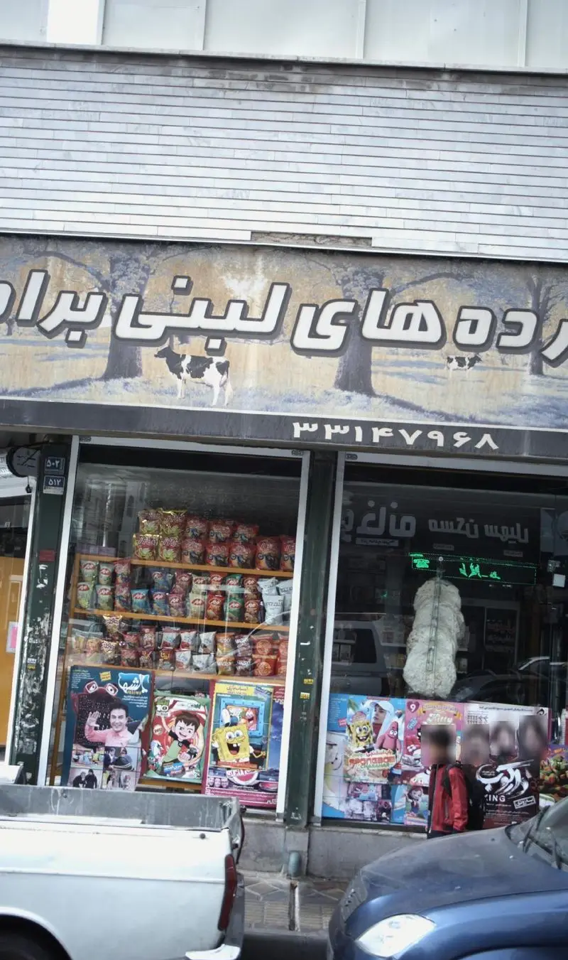 عکس از نمای جلوی فروشگاه فرآورده های لبنی برادران، شامل محصولات متنوع لبنی، خوراکی و شماره تلفن ۳۳۱۴۷۹۶۸.