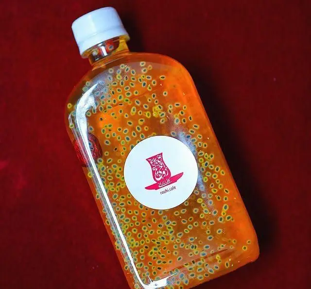 بطری نوشیدنی نارنجی کافه روحی (محوطه باغ نگارستان) با دانه‌های تخم شربتی و لوگوی زیبا، انتخابی دلپذیر برای روزهای گرم.