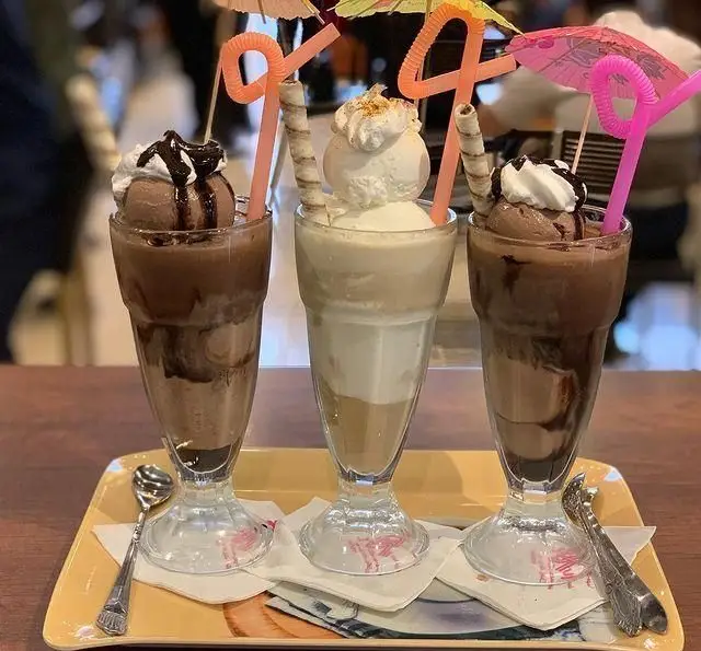 سه نوشیدنی سرد و دسر بستنی لذیذ (شکلاتی و قهوه) با تزیینات جذاب در منوی کافی شاپ گل یخ، تجربه‌ای دلپذیر.