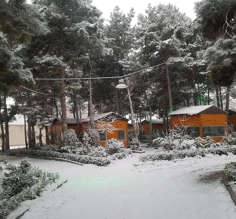 منظره زمستانی زیبای باغ رستوران بهشت پنهان در روز برفی، با کلبه‌های چوبی دنج و درختان پوشیده از برف.