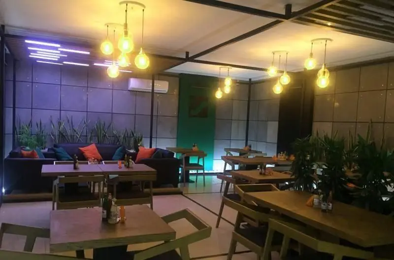 کافه رستوران ماینس وان: نمایی از فضای داخلی شیک و مدرن با میزهای چوبی، مبلمان راحتی، گیاهان و نورپردازی جذاب برای مهمانان.