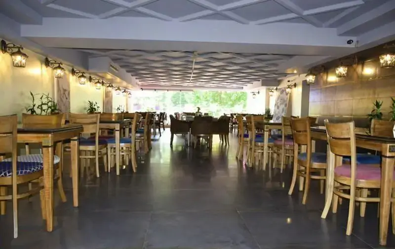 فضای داخلی زیبا و دنج رستوران فرنگی کاریان با چیدمان شیک میز و صندلی‌های چوبی، سقف طرح‌دار و نورپردازی دلنشین برای تجربه‌ای خاص.