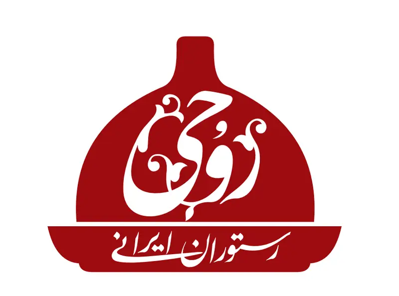 لوگوی رستوران روحی (نگارستان) با طراحی کالیگرافی زیبا به رنگ قرمز و سفید، نماد غذای اصیل ایرانی و محیطی دلنشین