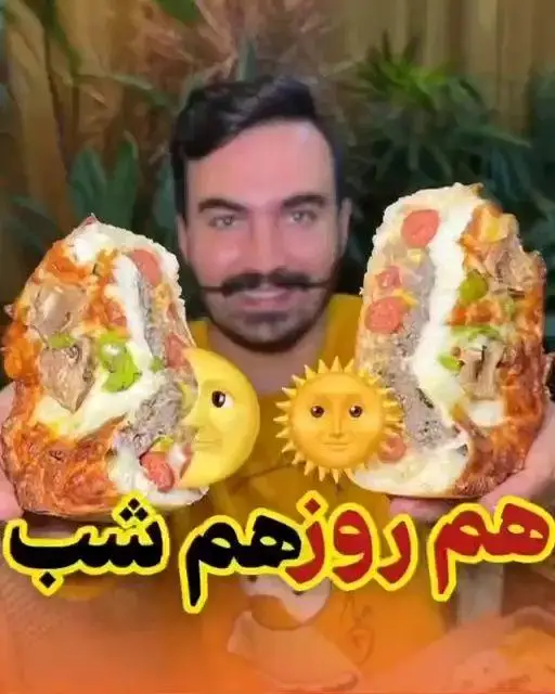 پیتزاهای نمادین روز و شب در دست مرد، نشانگر سرویس شبانه‌روزی نایت مز؛ انتخابی عالی برای هم روز هم شب.