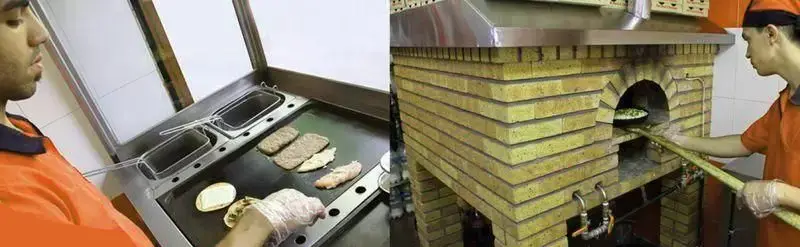 تصویری از آشپزخانه پیتزا ونیز: پخت پیتزای داغ در تنور سنتی آجری و آماده‌سازی ساندویچ روی گریل صنعتی مدرن.