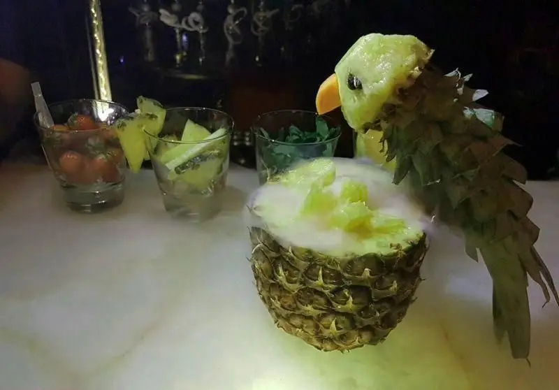 تصویری از سرو خلاقانه آناناس به شکل طوطی با افکت بخار و نوشیدنی‌های میوه‌ای تازه در کافه رستوران هترا، فضایی منحصربه‌فرد برای شما.