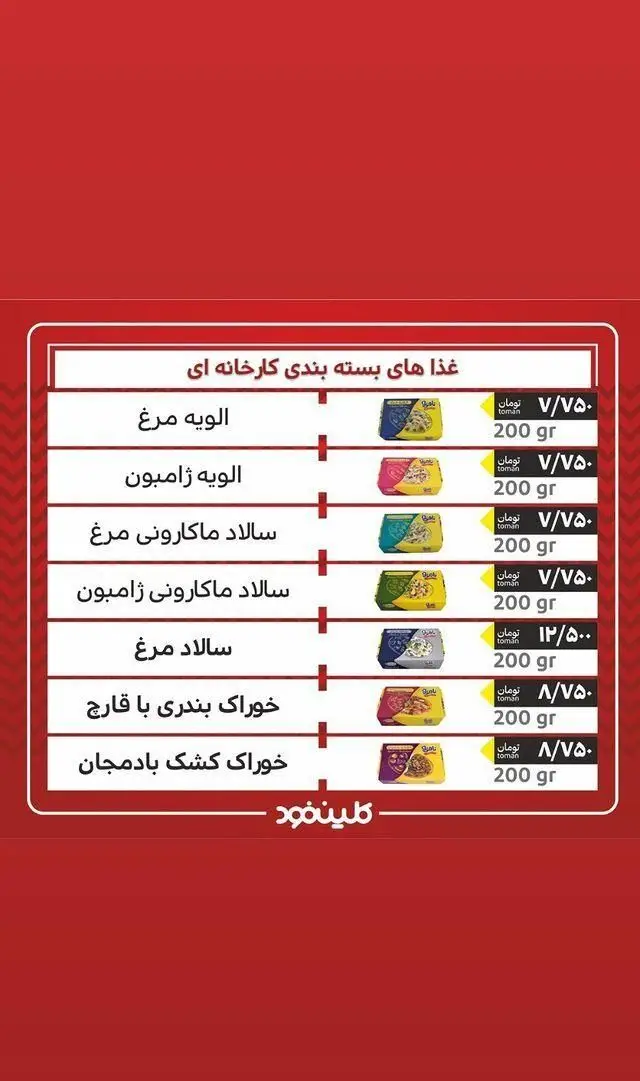 منوی فست فود کلین فود: غذاهای بسته بندی کارخانه ای شامل الویه، سالاد ماکارونی، سالاد مرغ، خوراک بندری و کشک بادمجان با قیمت و وزن.