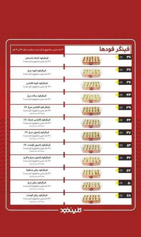 منوی فینگر فودهای فست فود کلین فود شامل مینی ساندویچ‌های کشک بادمجان، الویه مرغ، کالباس، ژامبون و بیکن با قیمت‌های متنوع.
