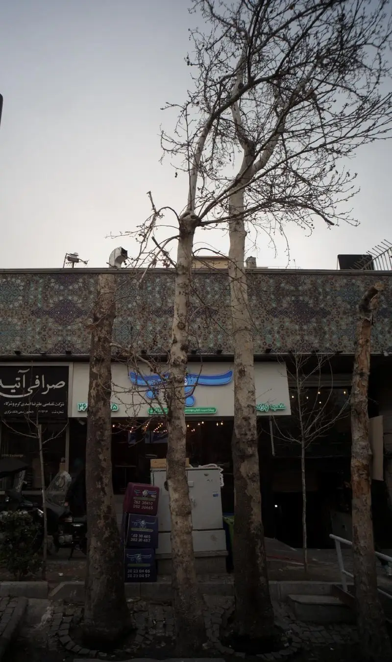 نمای خیابان شلوغ با درختان پاییزی بلند، پیتزا سیب ۳۶۰ و صرافی آتیه، بنایی با کاشی‌کاری سنتی زیر آسمان ابری.