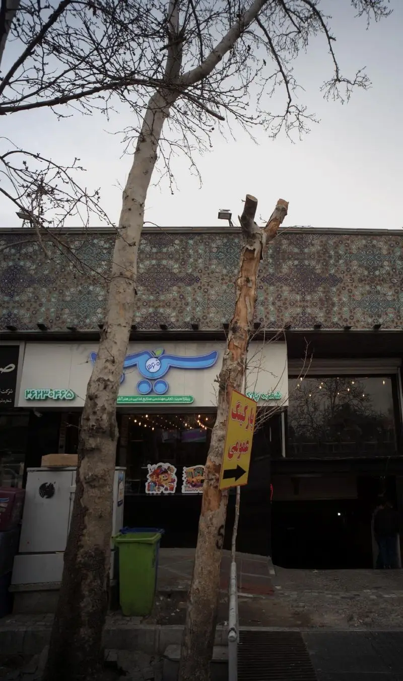 نمای بیرونی پیتزا سیب ۳۶۰ با لوگوی آبی روشن، شماره تلفن ۲۴۴۳۳۰۴۵، تابلوی راهنمای پارکینگ عمومی و طراحی سنتی نما.