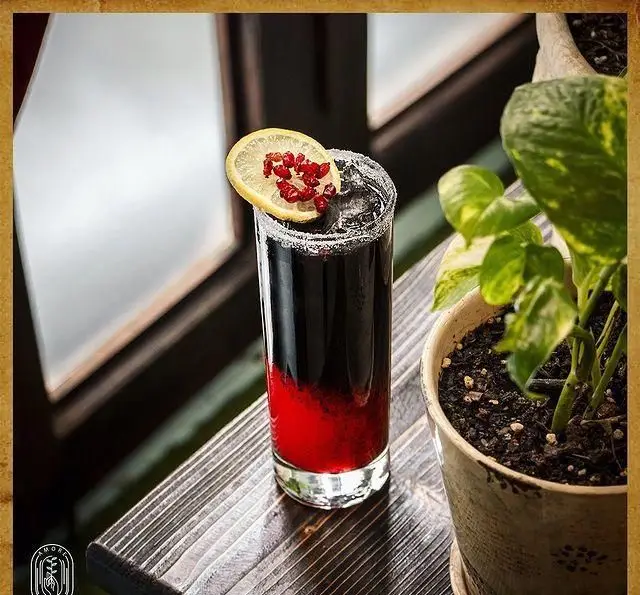نوشیدنی لایه‌ای مشکی و قرمز کافه آموره با لیمو و زرشک، مناسب روزهای گرم، روی میز چوبی کنار گلدان در فضایی آرام.
