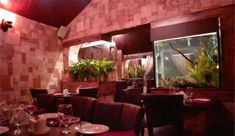 نمایی دنج و شیک از فضای داخلی رستوران ایتالیایی ترامونتو با دکوراسیون سنگی، گیاهان سبز و آکواریوم زیبا، آماده پذیرایی از مهمانان.