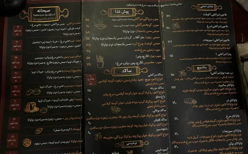 منوی کامل کافه حوروش شامل انواع صبحانه، پیش غذا، غذای اصلی، سالاد، ساندویچ و پیتزا با جزئیات و قیمت‌ها.