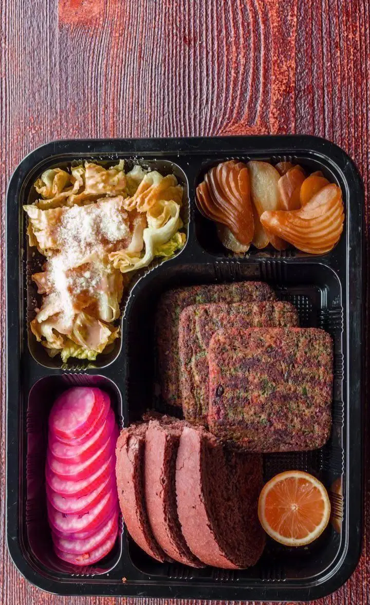 بنتو باکس غذای سالم فست فود دیبان شامل سالاد، پتی های رژیمی، نان تازه، تربچه و مرکبات. مناسب سفارش آنلاین غذا.