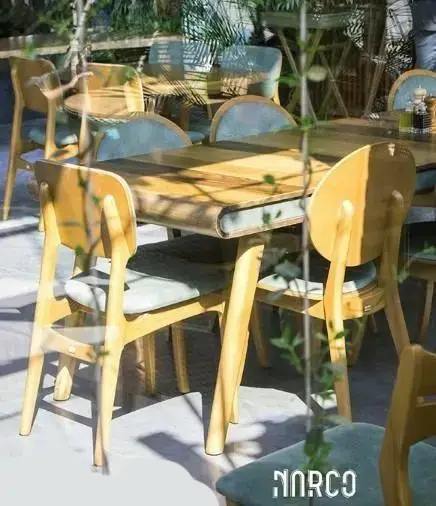 میز و صندلی‌های چوبی شیک و راحت با کوسن‌های آبی در فضای داخلی دلگشا و سرسبز کافه رستوران نارکو، مناسب برای دورهمی‌ها.