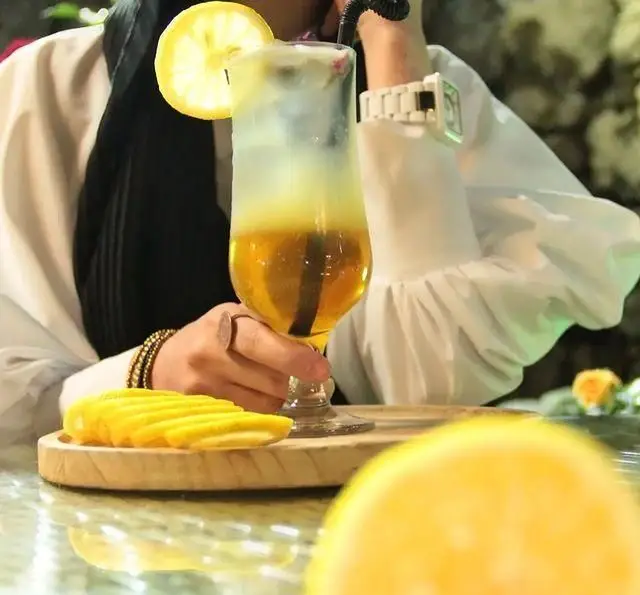 لیموناد تازه و خنک با میوه، در باغ رستوران سایدا شهران. تجربه‌ای دلپذیر و تابستانی در فضایی سرسبز و آرام.