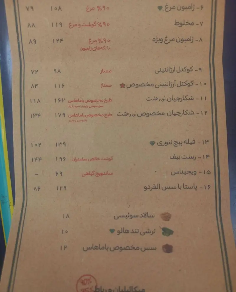 منوی کامل ساندویچی باماهاس شامل انواع ساندویچ ژامبون، کوکتل، فیله، رست بیف، پاستا، سالاد و ترشی با قیمت‌ها.