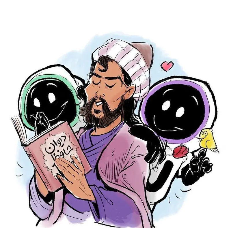 تصویری هنری از لذت مطالعه دیوان حافظ با دوستان رباتیک. بازتاب محیط آرام و دلنشین فست فود باروژ برای تجربه‌ای خاص از غذا.