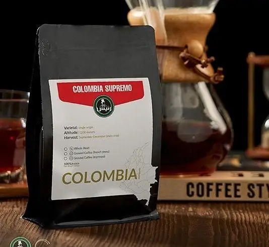 بسته بندی شیک قهوه کلمبیا سوپرمو ۱۰۰٪ عربیکا کافه رئیس، آماده برای اسپرسو، فرنچ پرس، با دانه‌های تازه.