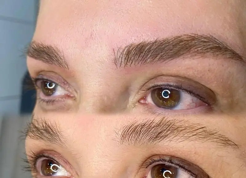 نمونه کار تخصصی میکروبلیدینگ و فیبروز ابرو با طراحی طبیعی و تار به تار جهت قرینه‌سازی و پرپشت کردن ابروهای کم‌پشت