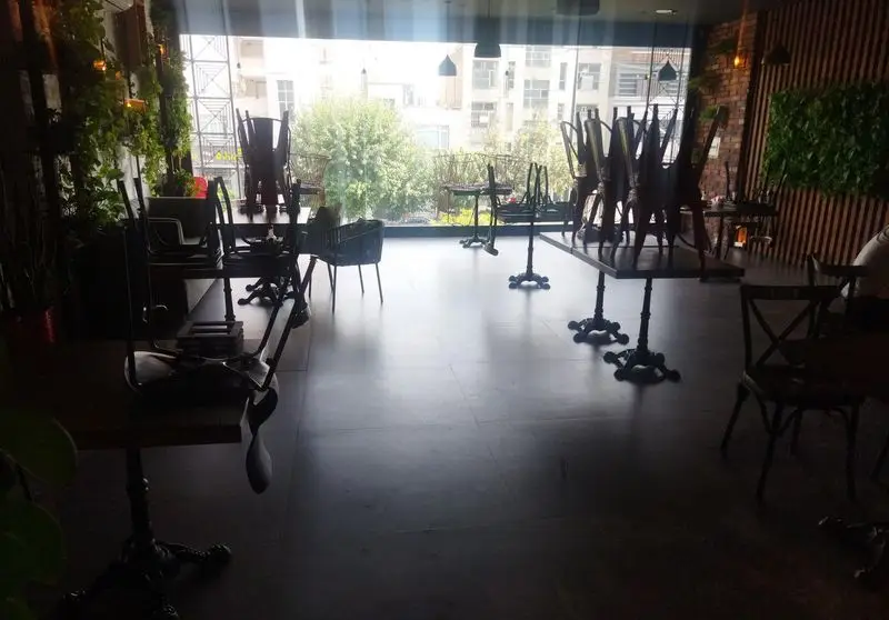 فضای داخلی کافه رستوران ایتالیایی دیبارو با میز و صندلی‌های مدرن، دکوراسیون سبز و چوبی و پنجره رو به فضای بیرون