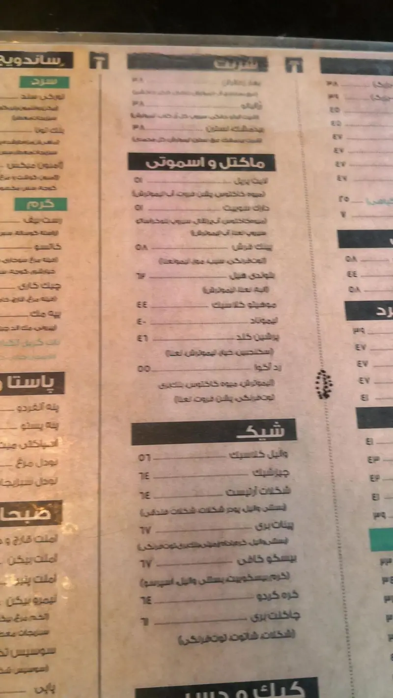 تصویر منوی کافه آرتیست با تمرکز بر بخش‌های مشروبات، ماکتل و اسموتی، و انواع شیک؛ شامل قیمت‌ها و جزئیات آیتم‌ها.