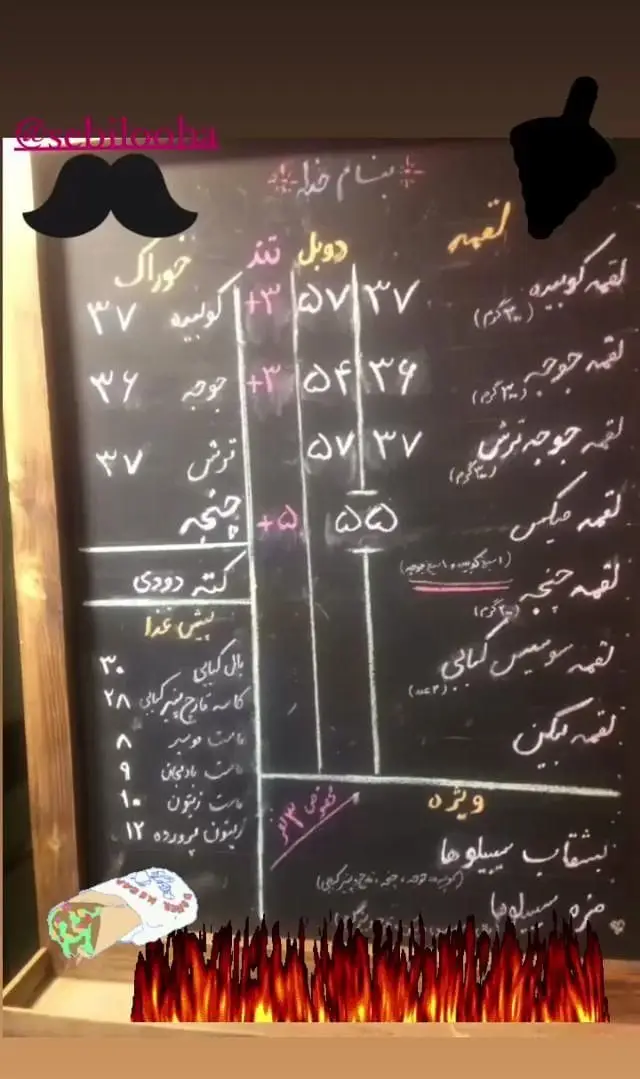 منوی فست فود لقمه کباب سیبیلوها: انواع لقمه کباب (کوبیده، جوجه، ترش، چنجه، میکس) و خوراک‌های خوشمزه با قیمت‌ها و پیش غذا.