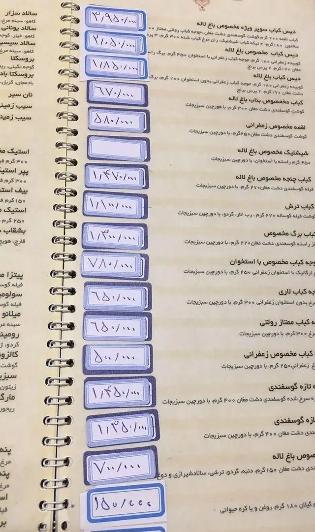 منوی کامل رستوران باغ لاله: دیس کباب، کباب برگ، شیشلیک، چنجه، جوجه کباب و سالادها به همراه قیمت‌های جدید و مشخصات.