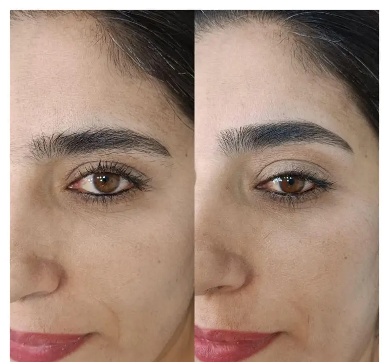 مقایسه قبل و بعد از اصلاح و قرینهسازی ابروی زنانه در مرکز تخصصی قرینه سازی ابرو، رنگ و اپیلاسیون مصی به صورت طبیعی