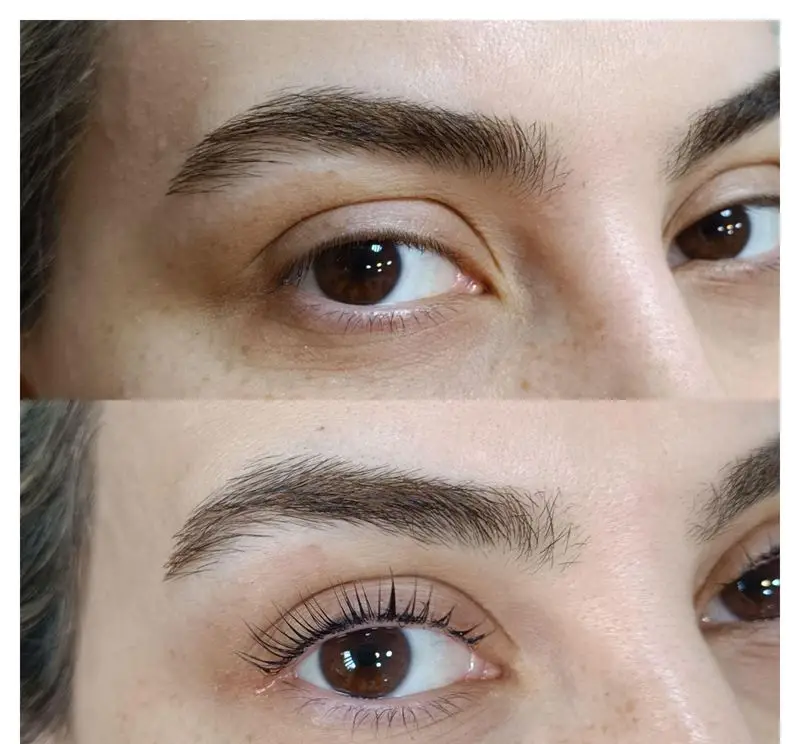 تصویر قبل و بعد از انجام لیفت مژه و قرینهسازی ابروهای مشتری در مرکز تخصصی قرینه سازی ابرو، رنگ و اپیلاسیون مصی