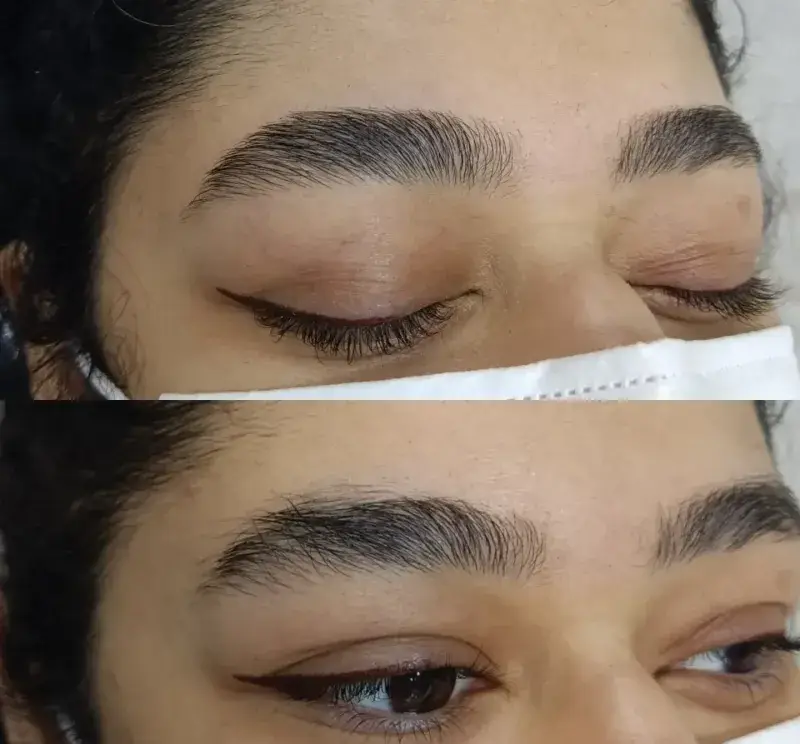 تصویر قبل و بعد لیفت و لمینت ابرو دخترانه به همراه خط چشم مینیاتوری ظریف و زیبا در سالن تخصصی زیبایی و آرایش چشم