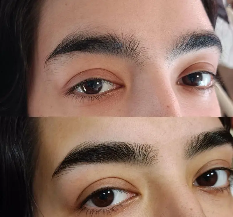 نمایش قبل و بعد از مرتب سازی، تمیزکاری و اصلاح فرم ابروهای طبیعی در مرکز تخصصی قرینه سازی ابرو، رنگ و اپیلاسیون مصی