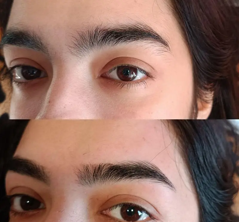 عکس قبل و بعد لیفت ابرو دخترانه و لمینت ابروهای کمپشت با مواد تقویتکننده جهت حالتدهی زیبا و مرتبسازی تارهای ابرو
