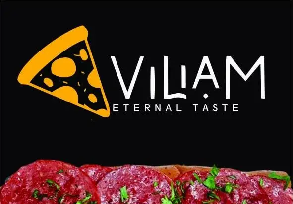 لوگوی فست فود ویلیام شامل برش پیتزای نارنجی رنگ، نام VILIAM و شعار ETERNAL TASTE، به همراه سالامی و سبزیجات تازه در پایین تصویر.