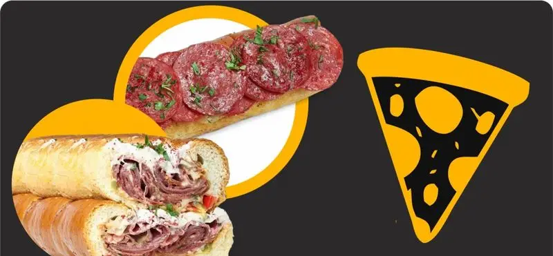 ساندویچ های لذیذ و متنوع فست فود ویلیام: شامل ساندویچ ژامبون، ساندویچ سالامی و نماد جذاب برش پیتزا.