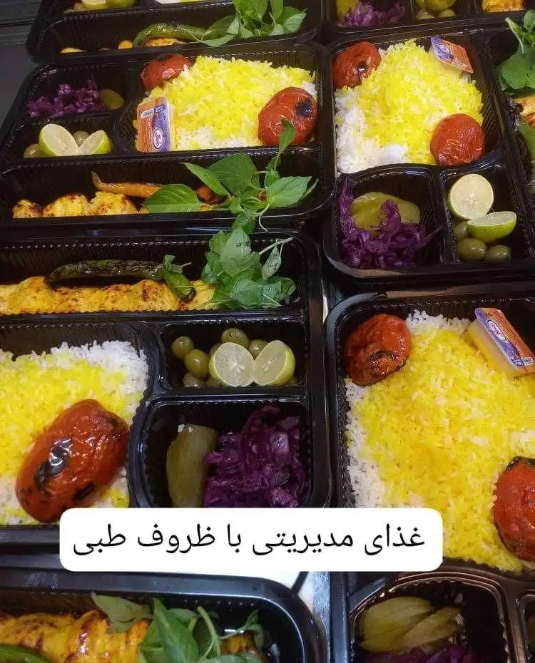 سفارش غذای شرکتی و مدیریتی پارسی آنیسا شعبه یادگار: چلو کباب و برنج زعفرانی در ظروف بهداشتی با مخلفات متنوع.
