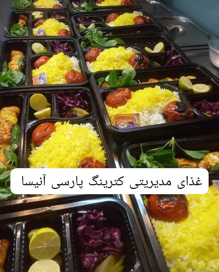 تصویر ده‌ها ظرف غذای مدیریتی کترینگ پارسی آنیسا شامل چلو زعفرانی، کباب، گوجه کبابی و دورچین تازه آماده ارسال برای شرکت‌ها و سازمان‌ها.