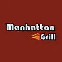 لوگوی رسمی رستوران منهتن گریل، نمایش‌دهنده نام برند با حروف سفید و شعله‌های آتشین نمادین روی پس‌زمینه‌ای قرمز تیره، مرتبط با غذاهای گریل شده و فست فود.